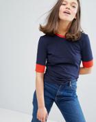 Monki Contrast Rib T-shirt - Blue