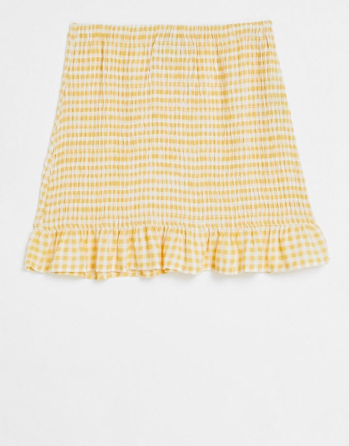 Asos Design Shirred Mini Skirt In Crinkle In Yellow & White Gingham-multi