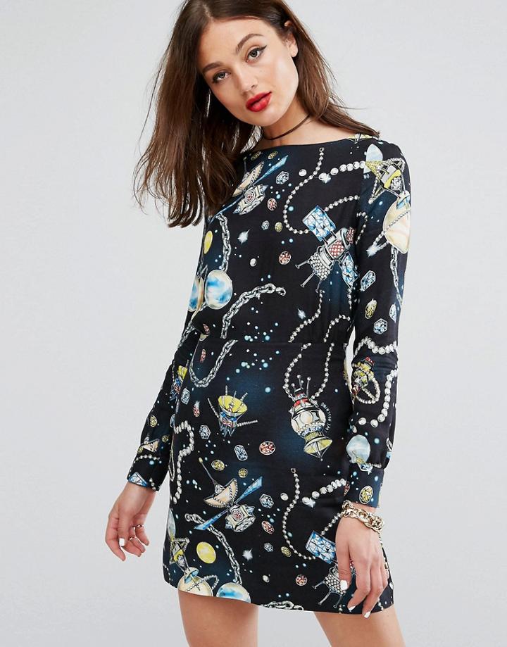 Love Moschino Galaxy Printed Wool Mix Dress - Black