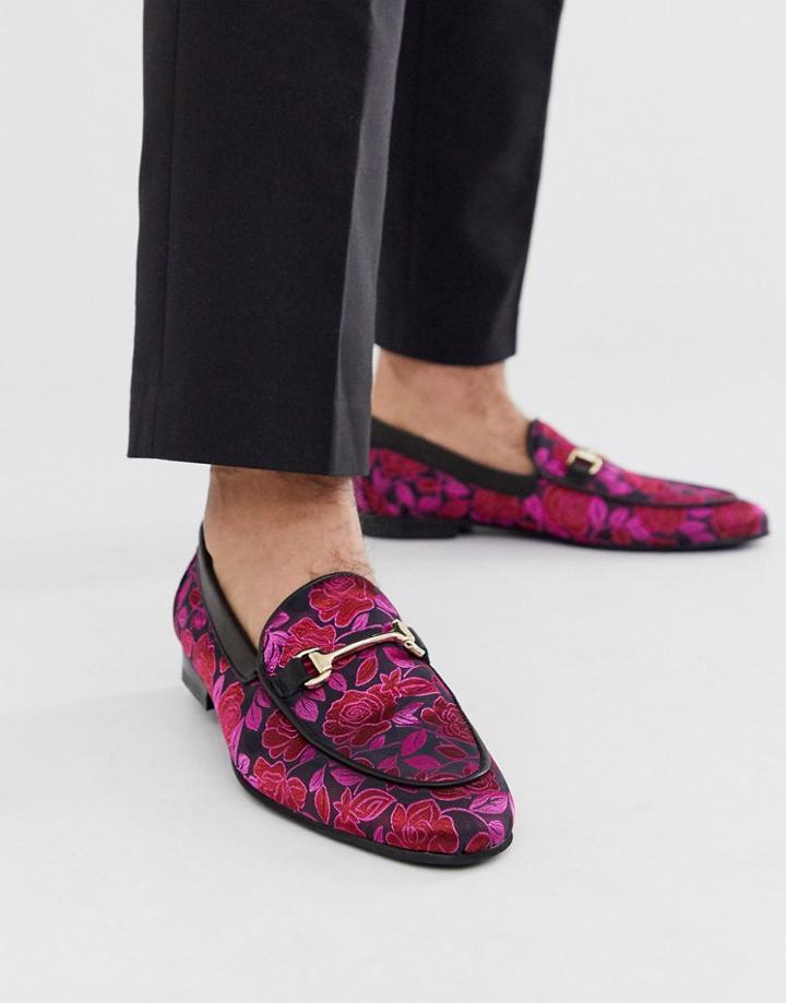 Walk London Jude Bar Loafers In Pink Brocade - Black