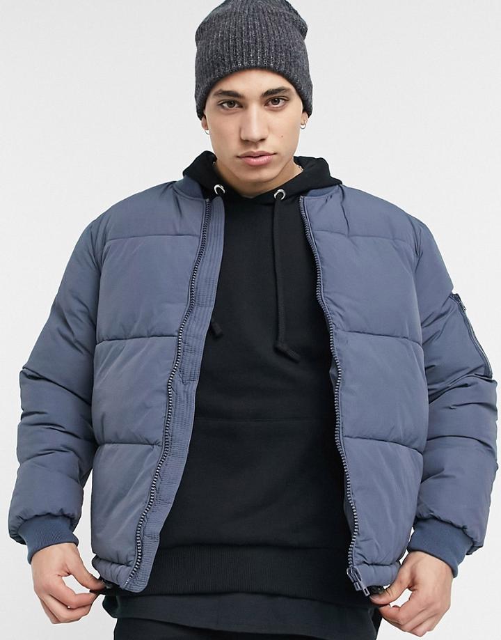 Asos Design Puffer Bomber Jacket With Ma1 Pocket In Gray-grey
