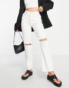 Asos Design '90's' Straight Leg Jean In White With Knee Rips And Raw Hem