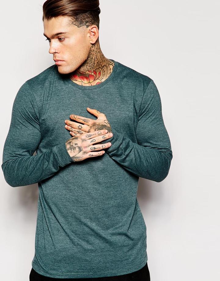 Asos Longline Long Sleeve T-shirt With Crew Neck - Green Marl