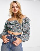 River Island Long Sleeve Square Neck Top With Frill In Blue Floral-blues