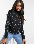 Pieces Anine Ditsy Floral Smock Top In Black