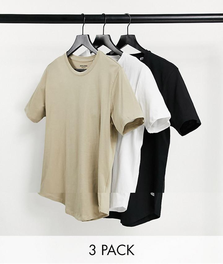 Jack & Jones Essentials 3 Pack Curve Longline T-shirt In Black/white/beige