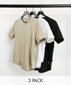 Jack & Jones Essentials 3 Pack Curve Longline T-shirt In Black/white/beige