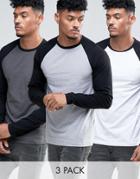 Asos 3 Pack Long Sleeve Muscle Fit T-shirt With Contrast Raglan Sleeves Save - Multi
