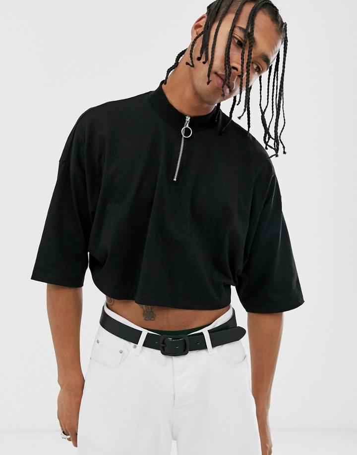 Asos Design Oversized T-shirt With Half Sleeve And Turtle Zip Neck In Black