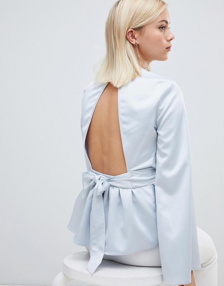 Asos Design Top With Tie Front And Bell Sleeve - Blue