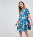 Influence Tall Track Stripe High Neck Floral Swing Dress - Blue
