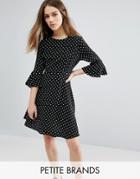 New Look Petite Polka Dot Fluted Sleeve Dress - Black