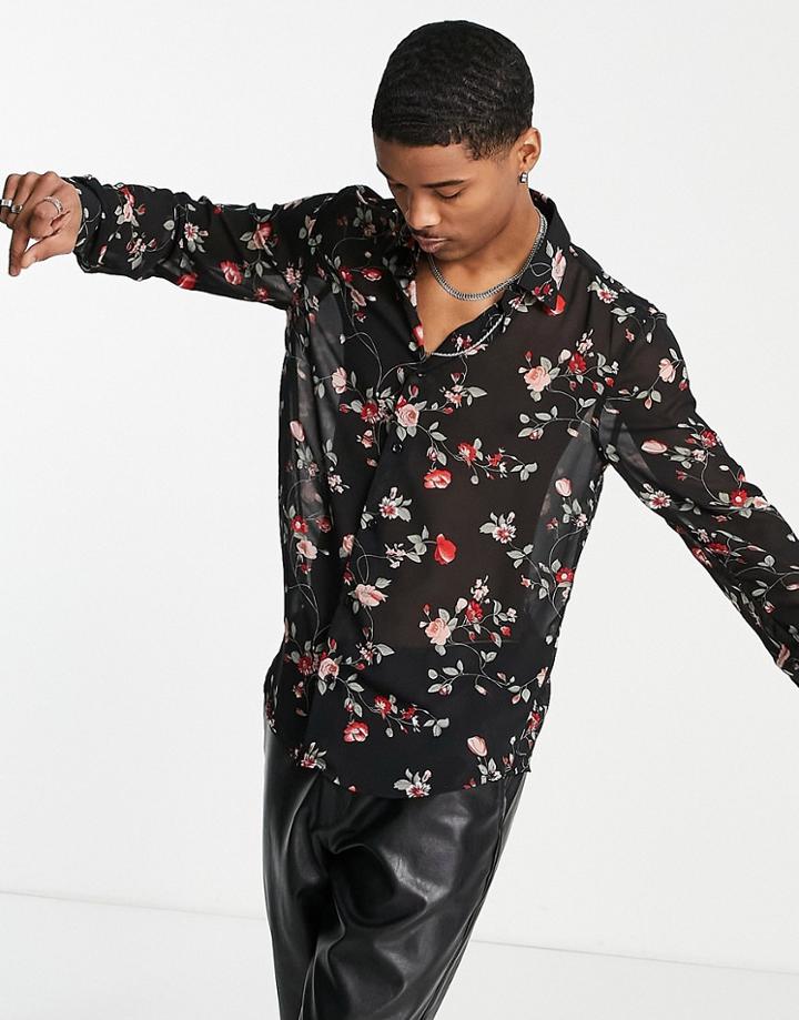Devil's Advocate Sheer Floral Print Shirt-black