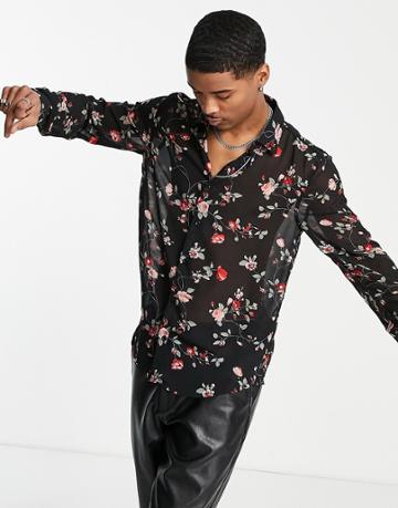 Devil's Advocate Sheer Floral Print Shirt-black