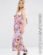 Asos Curve Beach Maxi Dress With Tie Shoulder Detail In Floral Print - Multi