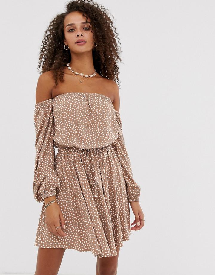 Asos Design Bardot Mini Sundress In Square Polka Dot - Brown
