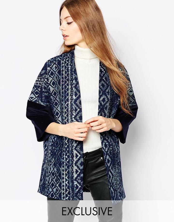 Helene Berman Embroidered Denim Kimono Coat With Contrast Cuff - Geo-tribal Denim