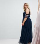 Maya Plus Cold Shoulder Sequin Detail Tulle Maxi Dress With Ruffle Detail - Navy