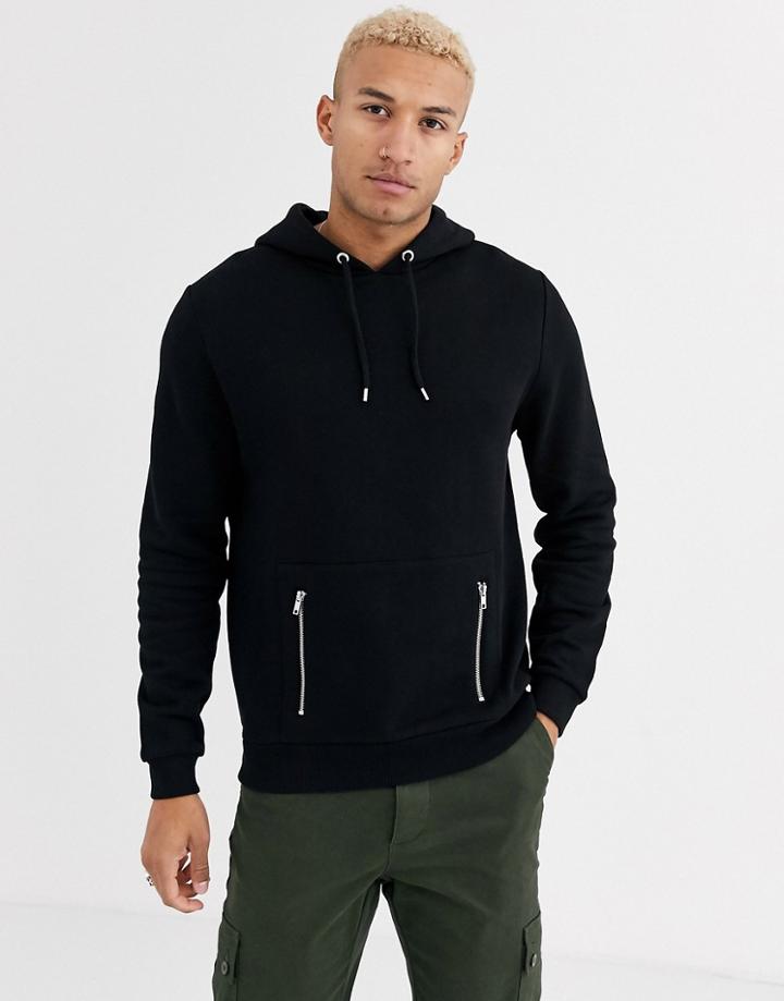 Asos Design Hoodie In Black With Silver Zip Pockets