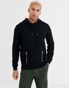 Asos Design Hoodie In Black With Silver Zip Pockets