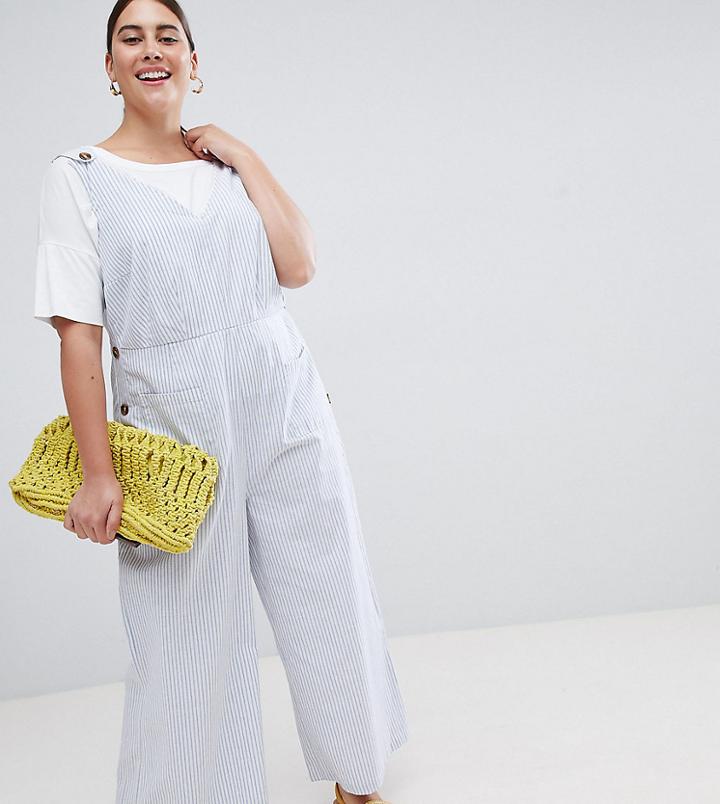 Lost Ink Plus Jumpsuit With Button Side Detail In Stripe - Blue