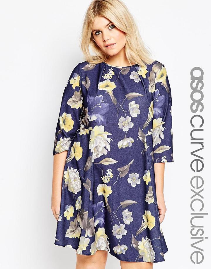 Asos Curve Swing Dress In Dark Oversized Floral Print - Multi