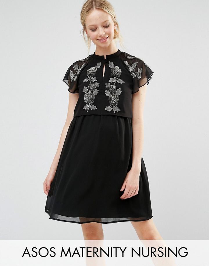 Asos Maternity Nursing Flutter Sleeve Embellished Skater Dress - Black