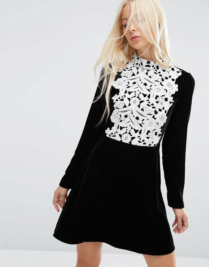 Asos Contrast Lace And Velvet Flippy Aline Dress - Black