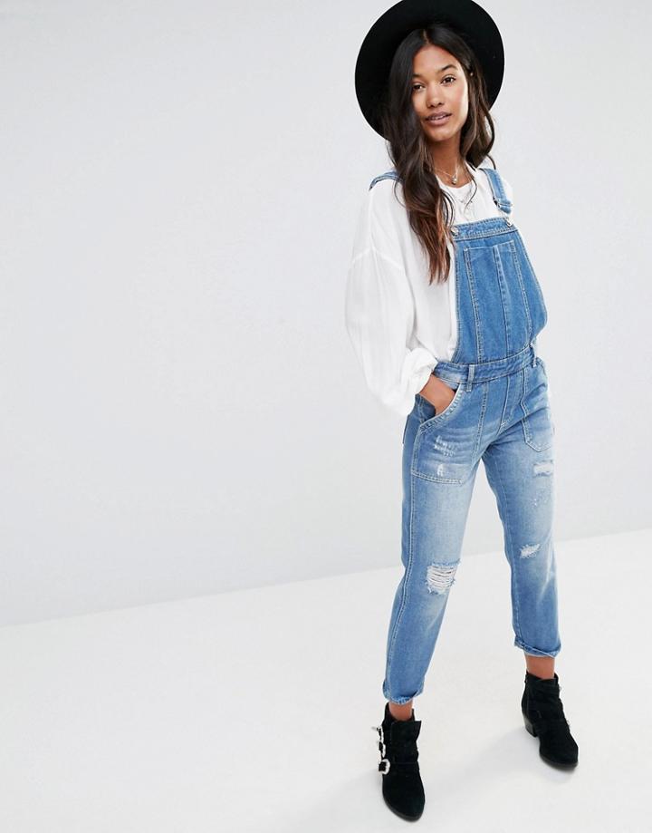 Boohoo Distressed Festival Denim Overall - Blue
