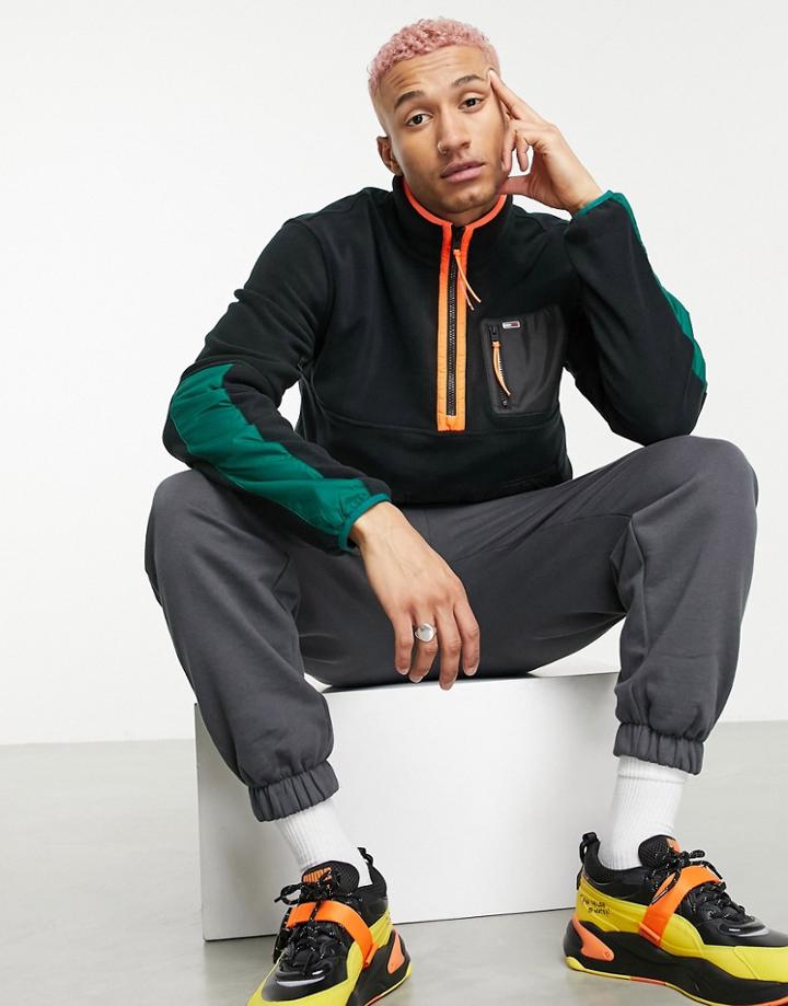 Tommy Jeans Timeless Polar Fleece Hybrid Half Zip Sweatshirt In Black