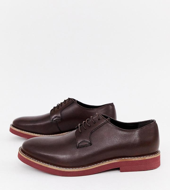 Asos Design Wide Fit Lace Up Shoes In Brown Leather With Chunky Brick Sole - Brown