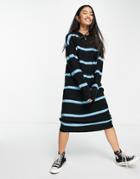 Monki Recycled Stripe Knitted Midi Sweater Dress In Black