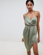 Asos Design Satin Wrap Dress With Chain Back-green