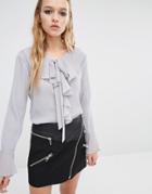 Navy London Blouse With Ruffle Collar And Tie Neck Detail - Gray