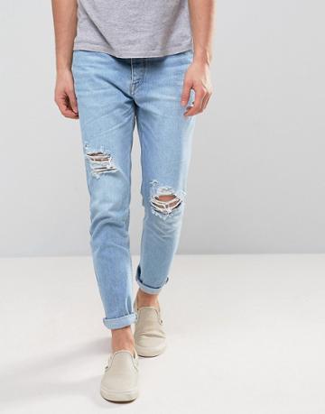 Zeffer Skinny Ripped Jeans In Light Indigo Bleach Wash - Blue