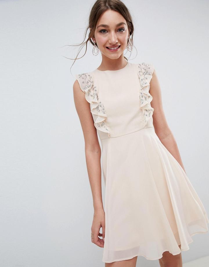 Asos Design Mini Skater Dress With Embellished Frill Sleeves - Pink