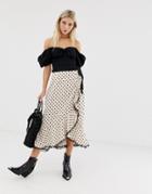 Glamorous Wrap Front Midi Skirt With Lace Trim In Floral Polka Dot