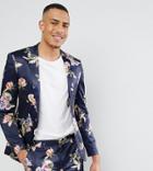Asos Tall Wedding Super Skinny Suit Jacket With Navy Floral Print - Navy