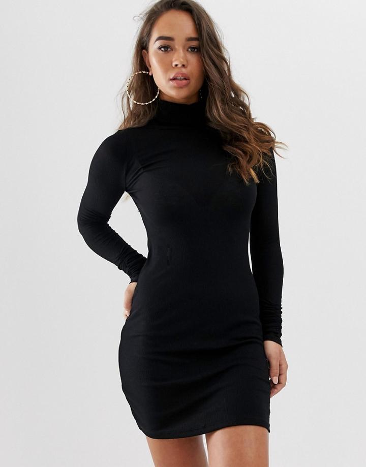 Asos Design High Neck Rib Bodycon Mini Dress With Long Sleeves-black
