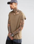Asos Super Longline T-shirt With Scoop Neck And Contrast Hem In Khaki - Green
