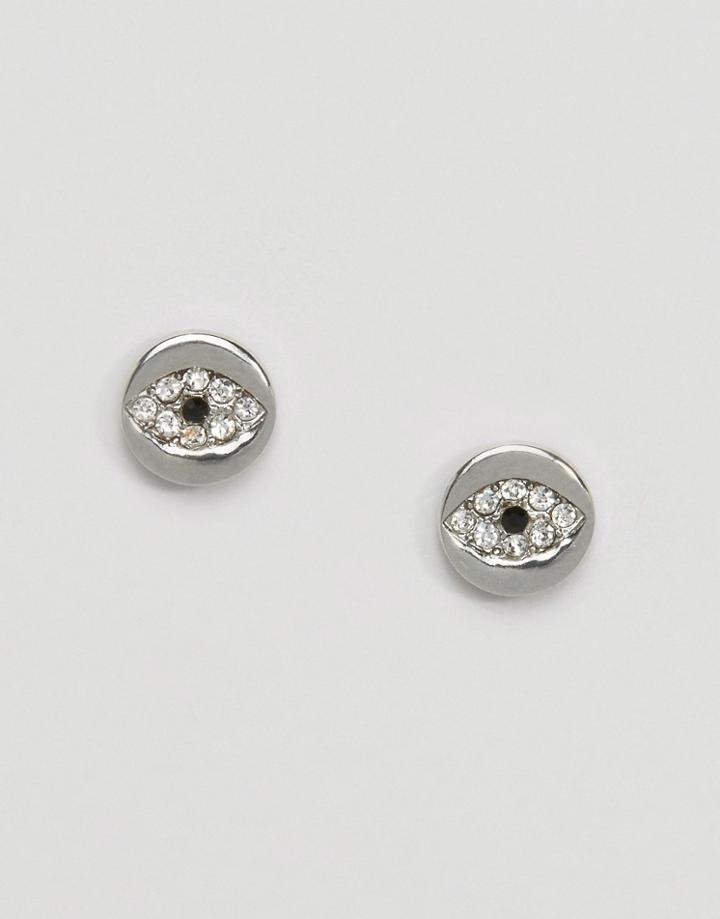 Nylon Eye Detail Rhinestone Stud Earrings - Silver