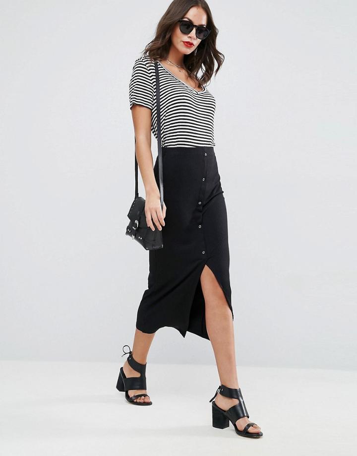 Asos Design Rib Popper Midi Skirt - Black
