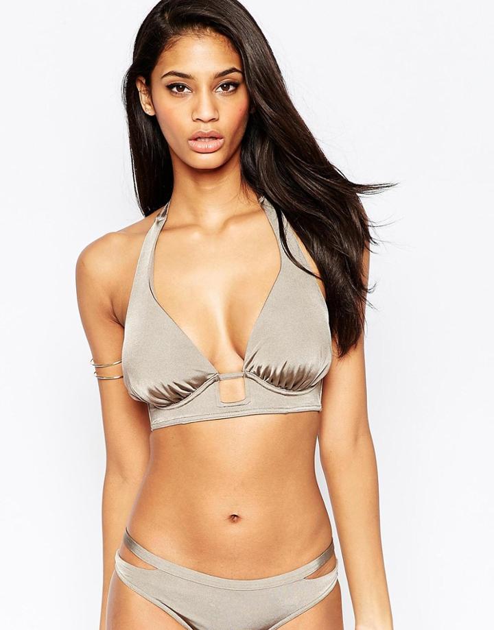 Asos Fuller Bust Exclusive Cut Out Detail Ruched Halter Bikini Top Dd-g - Tortuga Mink