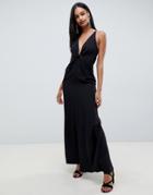 Asos Design Maxi Dress With Knot Front And Open Back In Crepe-black