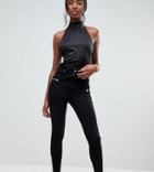 Asos Design Tall Ridley High Waist Skinny Jeans In Black With Motocross Zip Detail - Black