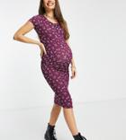 Flounce Maternity Basic Jersey Midi Dress With Cap Sleeve In Burgundy Floral-brown