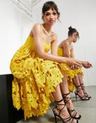 Asos Edition Cutwork Floral Embroidered Cami Dress With Tiered Hem In Mustard-yellow