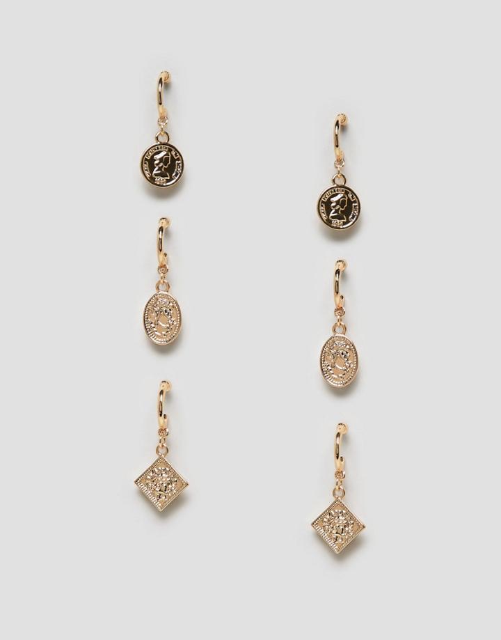 Monki 3 Pack Sovereign Charm Hoop Earrings In Gold - Silver