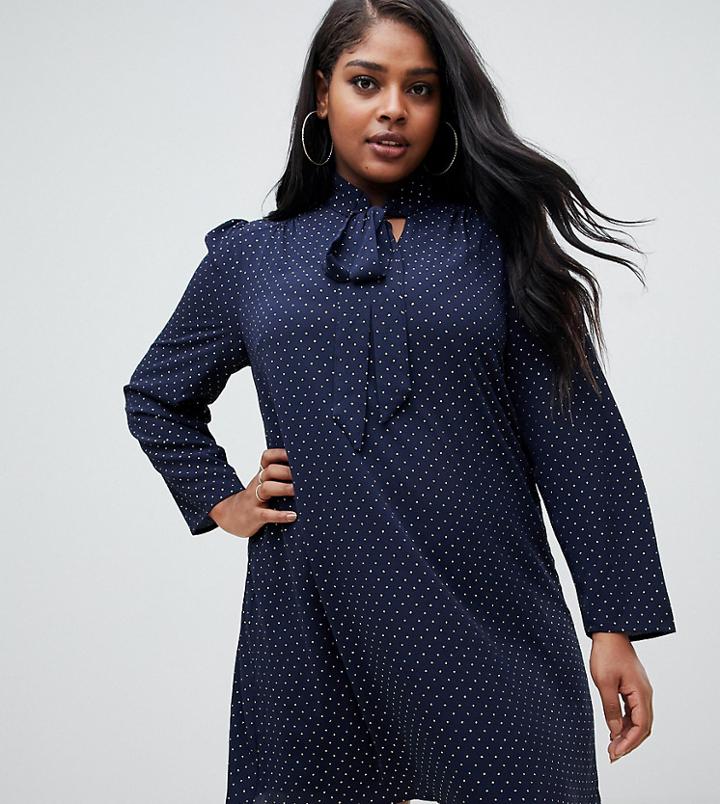 Fashion Union Plus Tie Neck Swing Dress In Metallic Spot Chiffon - Navy