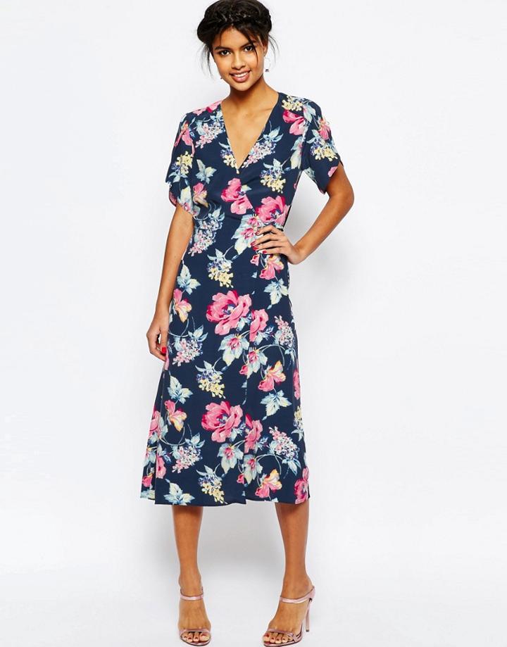 Asos Floral Midi Tea Dress - Navy